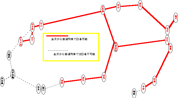 金沢から普通列車等で日着可能なＪＲ四国の範囲を示した路線図です。内容は上記の文章から分かると思います。